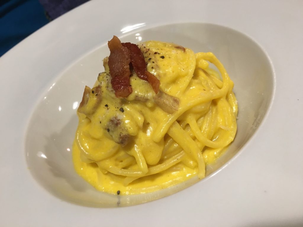 Spaghetti Carbonara topped with Guanciale aka Bacon